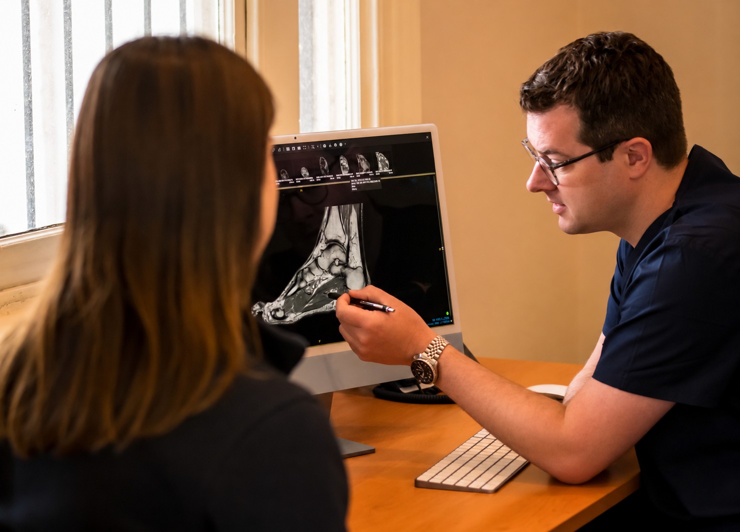 Podiatrist discussing an ankle MRI scan with a patient